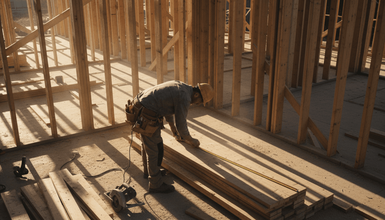 Construction professional measuring and marking framing lumber on an active residential building site